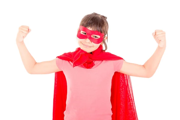 Gadis Kecil Berpura Pura Menjadi Superhero Terisolasi Latar Belakang Putih — Stok Foto