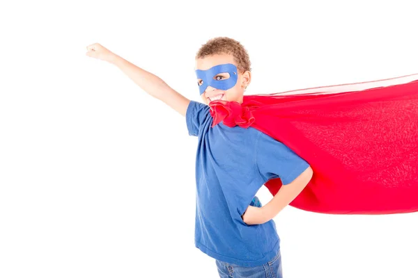 Маленький Хлопчик Прикидається Супергероєм Ізольованим Білому Тлі — стокове фото