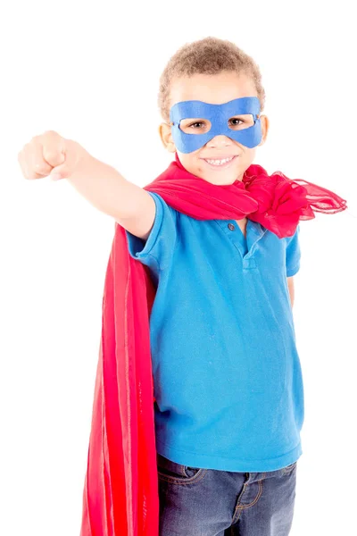 Menino Fingindo Ser Super Herói Isolado Fundo Branco — Fotografia de Stock