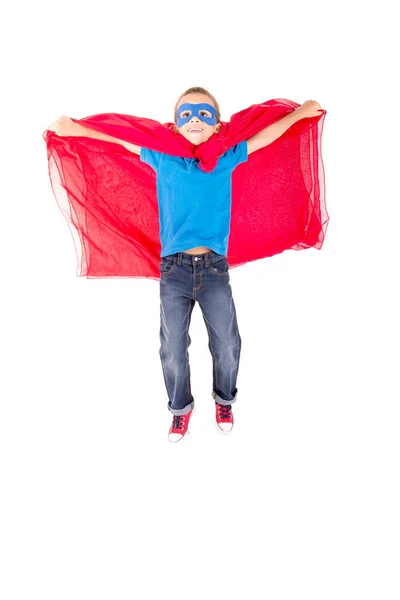 Маленький Мальчик Притворяется Супергероем Изолированным Белом Фоне — стоковое фото