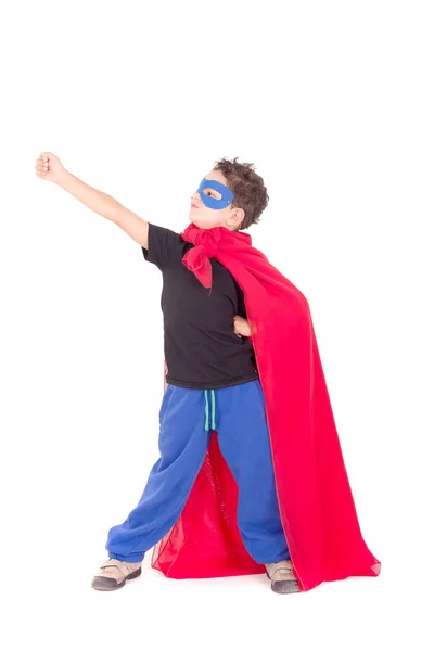 Маленький Мальчик Притворяется Супергероем Изолированным Белых — стоковое фото