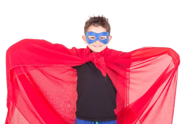 Liten Pojke Som Låtsas Vara Super Hjälte Isolerad Vit — Stockfoto