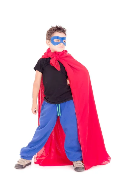 Küçük Çocuk Üzerinde Beyaz Izole Bir Süper Kahraman Gibi Davranmaya — Stok fotoğraf