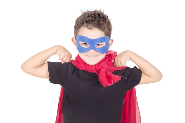 Niño Fingiendo Ser Superhéroe Aislado Blanco — Foto de Stock