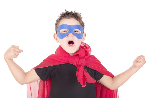 Niño Fingiendo Ser Superhéroe Aislado Blanco — Foto de Stock