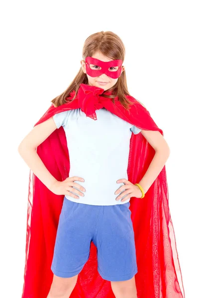 Little Girl Pretending Superhero Isolated White Background — Stock Photo, Image