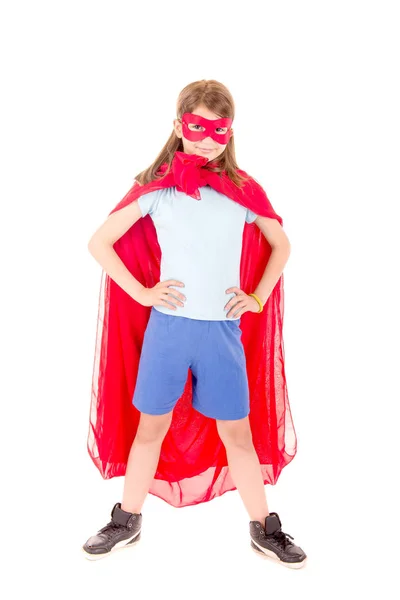 Küçük Kız Beyaz Arka Plan Üzerinde Izole Bir Süper Kahraman — Stok fotoğraf