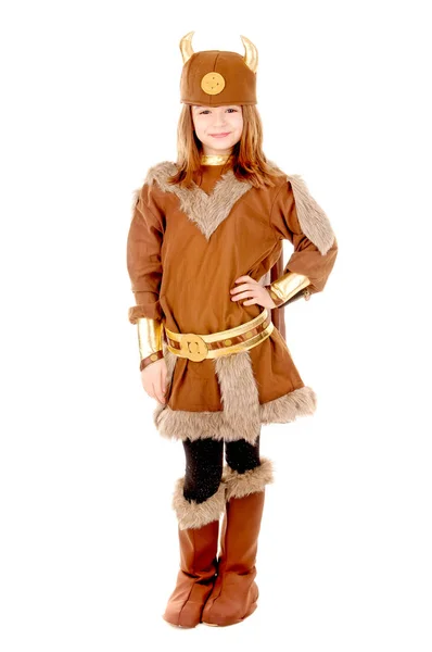 Menina Vestida Como Viking Isolado Branco — Fotografia de Stock