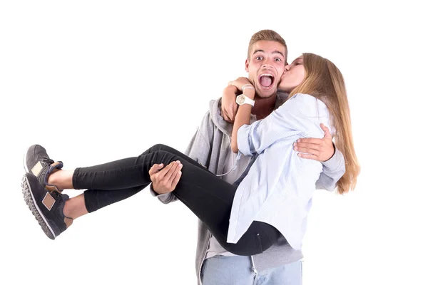 Teenager Paar Posiert Isoliert Weiß — Stockfoto