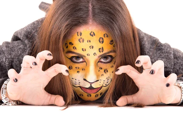 Beautiful Young Woman Face Painted Leopard — Stock Photo, Image