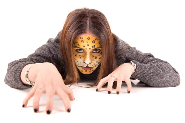 Beautiful Young Woman Face Painted Leopard — Stock Photo, Image