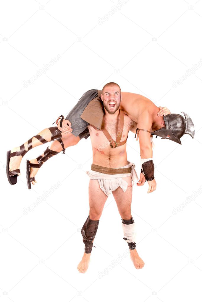 strong gladiators fighting isolated in white background