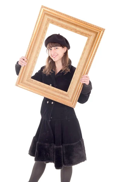 Young Woman Black French Beret Isolated White Background — Stock Photo, Image