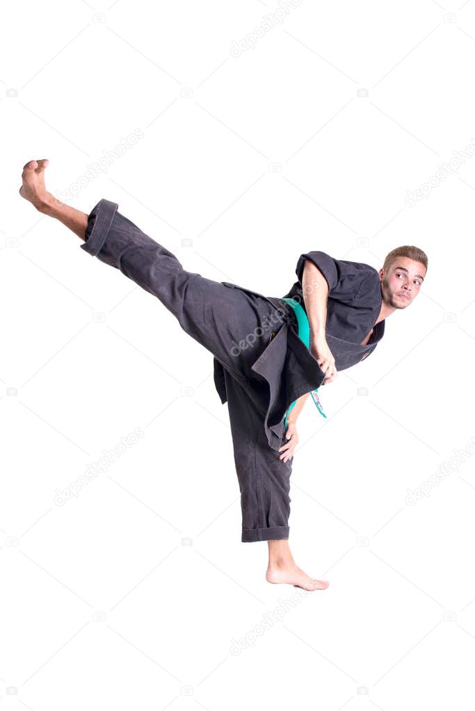 karate fighter posing on white background 