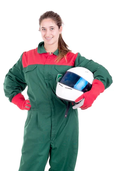 Female Race Car Driver Isolated White Background — Stock Photo, Image