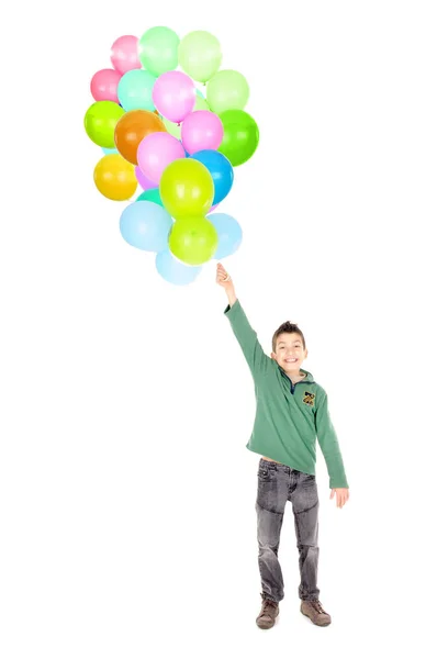 Little Boy Holding Bunch Colorful Balloons White Background — Stock Photo, Image