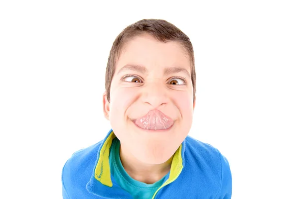 Kleiner Junge Mit Lustigem Gesicht Isoliert Auf Weißem Hintergrund — Stockfoto