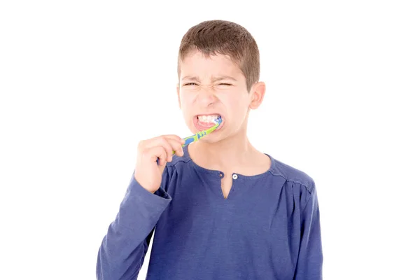 Portret Van Kleine Jongen Tanden Poetsen Witte Achtergrond — Stockfoto