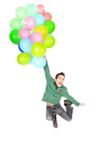 Niño Sosteniendo Racimo Globos Colores Sobre Fondo Blanco — Foto de Stock