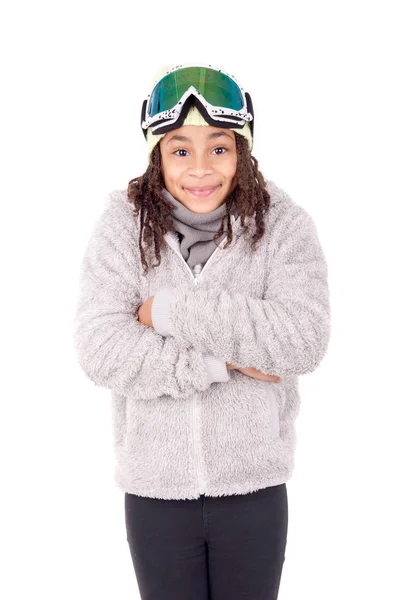 Little Girl Goggles Posing White Background — Stock Photo, Image