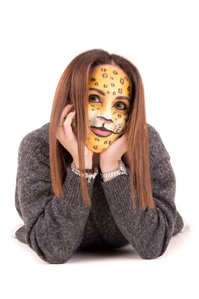 Portrait Young Woman Face Painted Leopard White Background — Stock Photo, Image