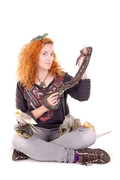 Young Excited Woman Posing Exotic Animals White Background — Stock Photo, Image