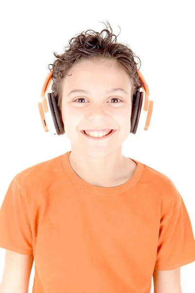 Kleine Jongen Luisteren Naar Muziek Witte Achtergrond — Stockfoto