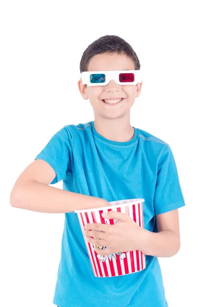 Beyaz Arka Plan Üzerinde Patlamış Mısır Yemek Gözlük Küçük Çocuk — Stok fotoğraf