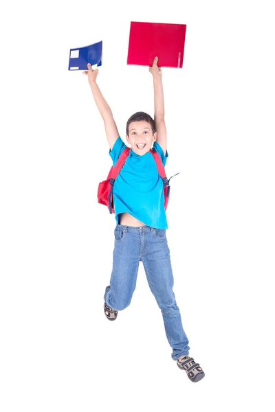 小男孩与教科书和背包隔离在白色背景 — 图库照片