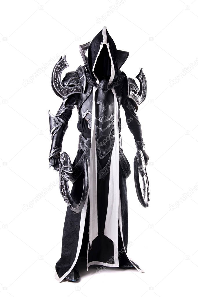 man in underworld cosplay costume isolated on white background 