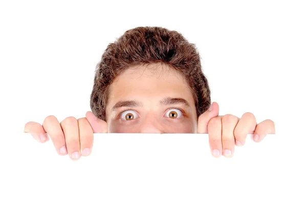 Adolescente Mirando Fuera Bandera Blanca Aislado Blanco — Foto de Stock