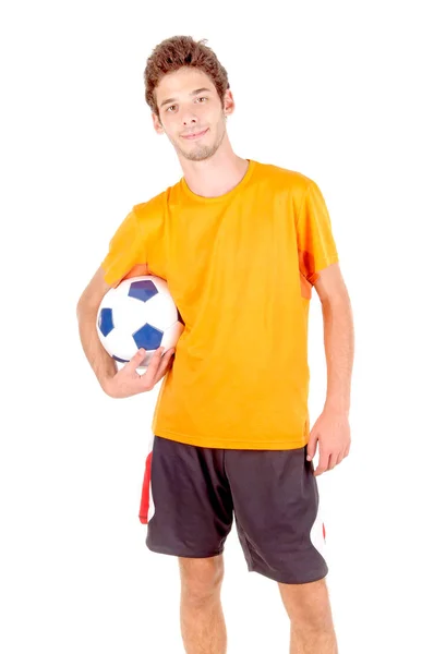 Мальчик Подросток Футбольным Мячом Изолирован Белом — стоковое фото