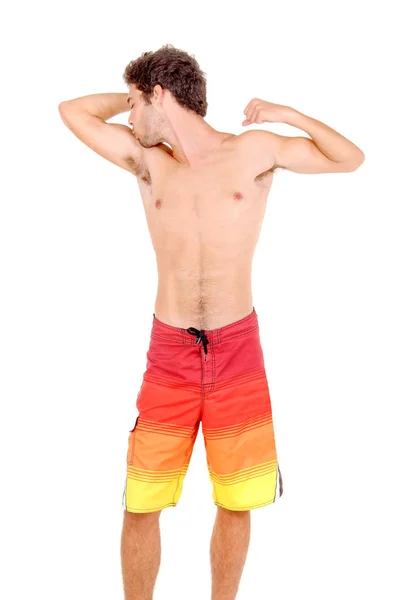 Teenage Boy Beach Shorts Kissing Biceps — Stock Photo, Image