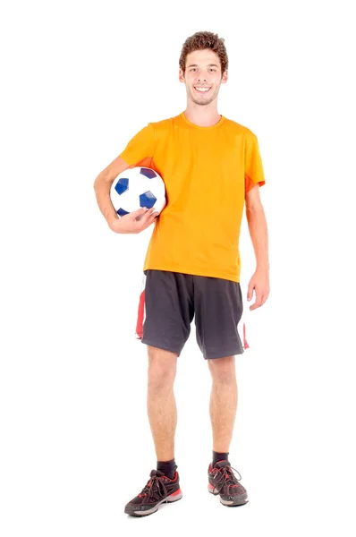 Adolescente Con Pelota Fútbol Aislado Blanco — Foto de Stock