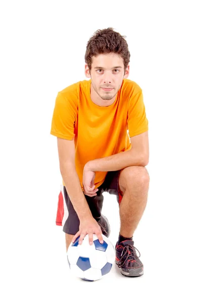 白で隔離されたサッカーボールを持つ十代の少年 — ストック写真