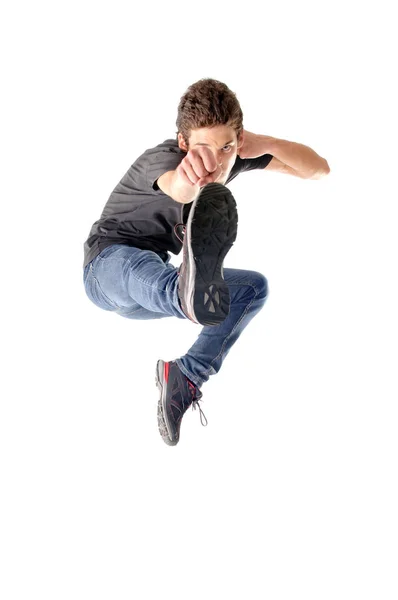 Teenage Boy Jumping Isolated White — Stock Photo, Image