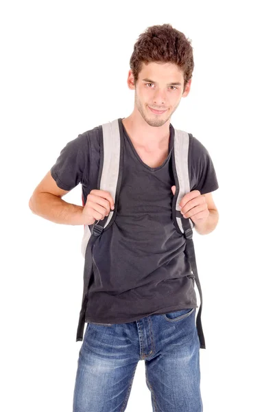 Teenager Mit Weißer Schultasche Isoliert — Stockfoto