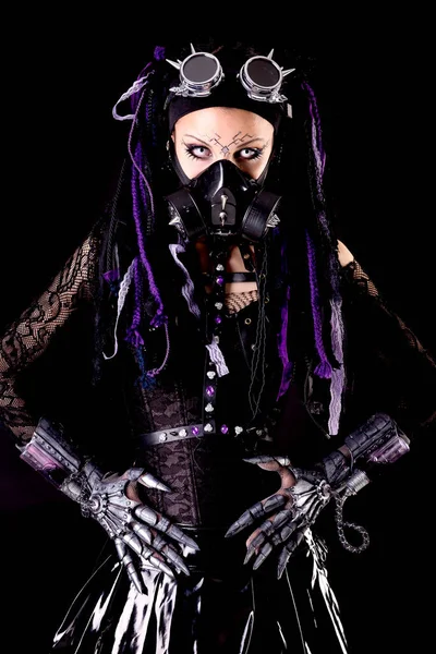 Cyber Goth Lány Elszigetelt Sötét Háttérrel — Stock Fotó