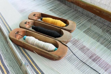 Dokuma mekiği, dokuma tezgahı ve çözgü üzerinde mekik