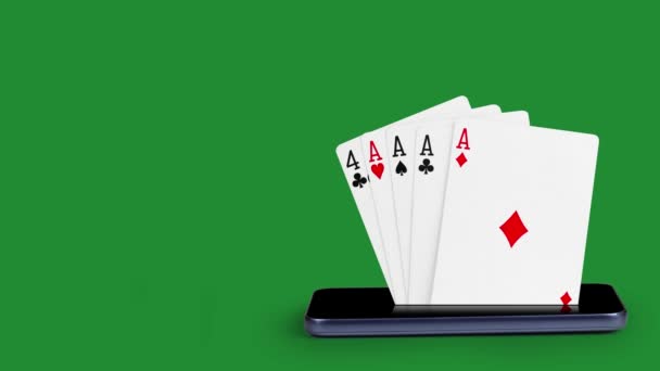 ポーカーカード カードゲームポーカー 携帯電話の画面から来るポーカーカードとスマートフォン — ストック動画