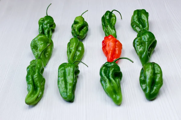 Small red and green peppers on white background