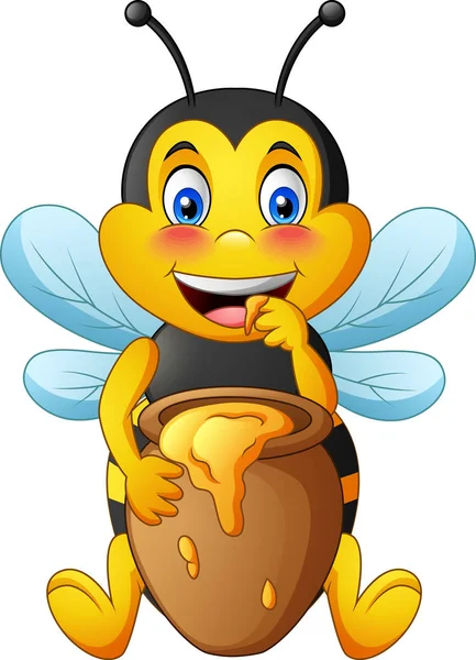 Caricature Abeille Mignonne Avec Pot Argile Plein Miel Illustration Vectorielle — Image vectorielle