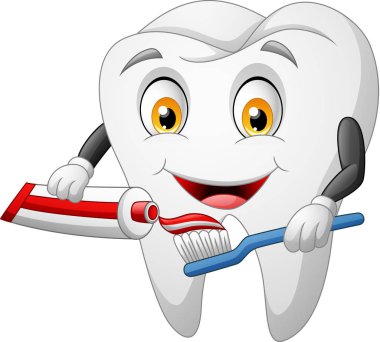 Karikatür diş, diş fırçası ve diş macunu. vektör illüstrasyon