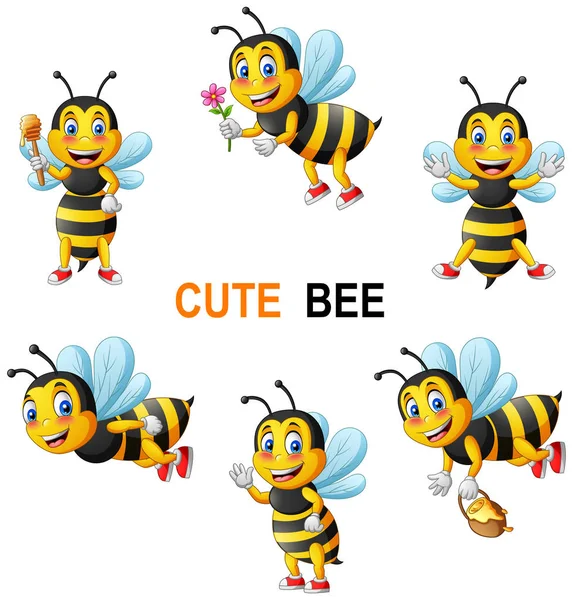 Cartoon Cute Bee Set Vector Illustration — Stock Vector