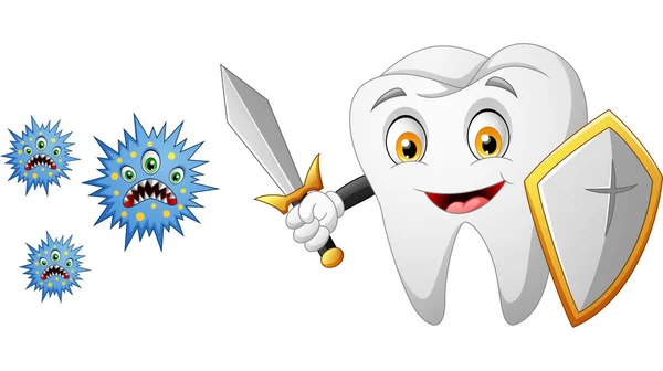 Cartoon Tooth Shield Germ Vector Illustration — Stock Vector