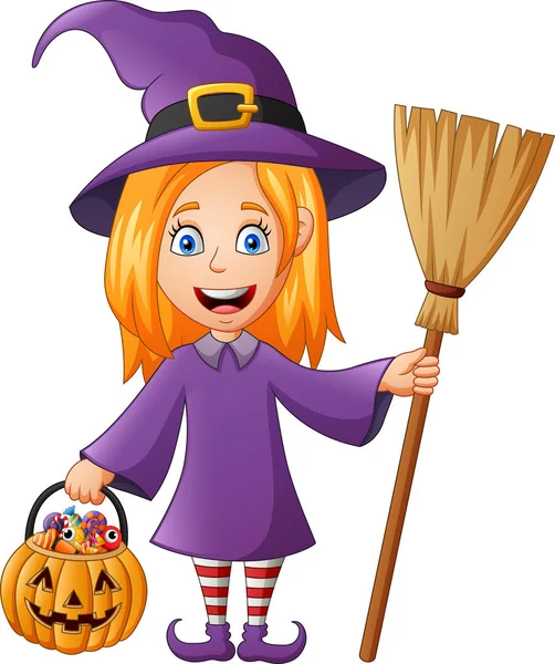 Cartoon Character Witch Costume Kid Holding Pumpkin Vector Illustration — Stock Vector