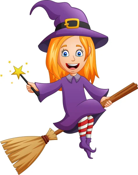 Halloween Cartoon Character Witch Costume Holding Wand Vector Illustration — Stock Vector