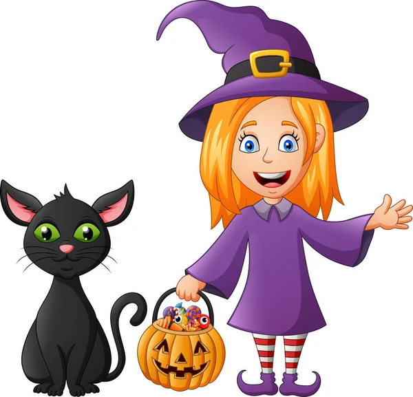 Cartoon Witch Costume Kid Holding Pumpkin Black Cat Vector Illustration — Stock Vector