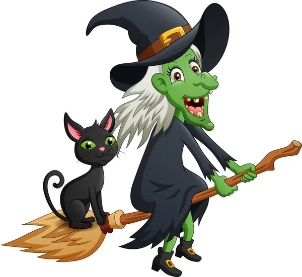 Halloween Cartoon Witch Cat Flying Broom Vector Illustration — Stock Vector