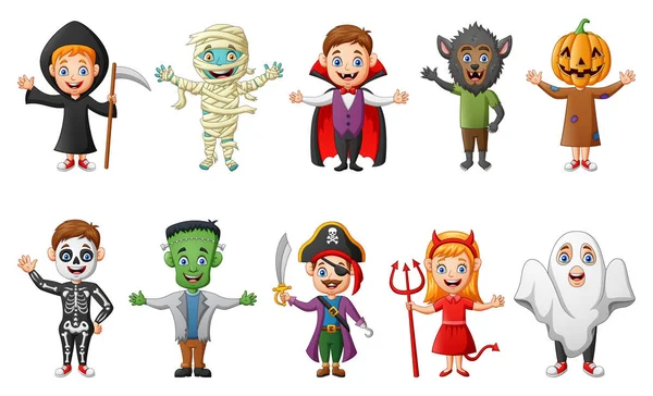 Conjunto Bonitos Trajes Desenhos Animados Halloween Crianças Ilustração Vetorial — Vetor de Stock